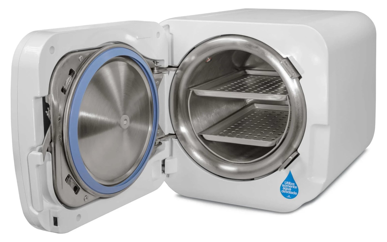 Foto de autoclave com a porta aberta e pontos de revisão